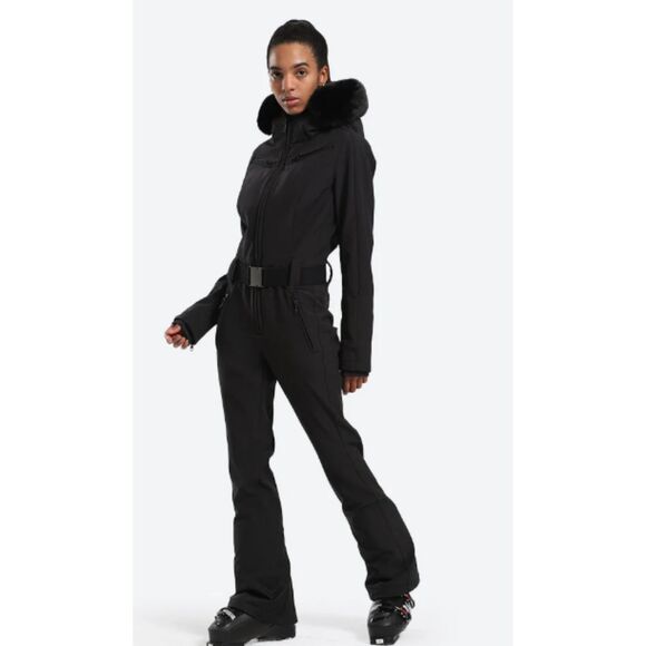 GSOU Snow Pants - GSOU Snow Women’s Black Down Powerfill Classic Faux Fur One-Piece Ski Suit